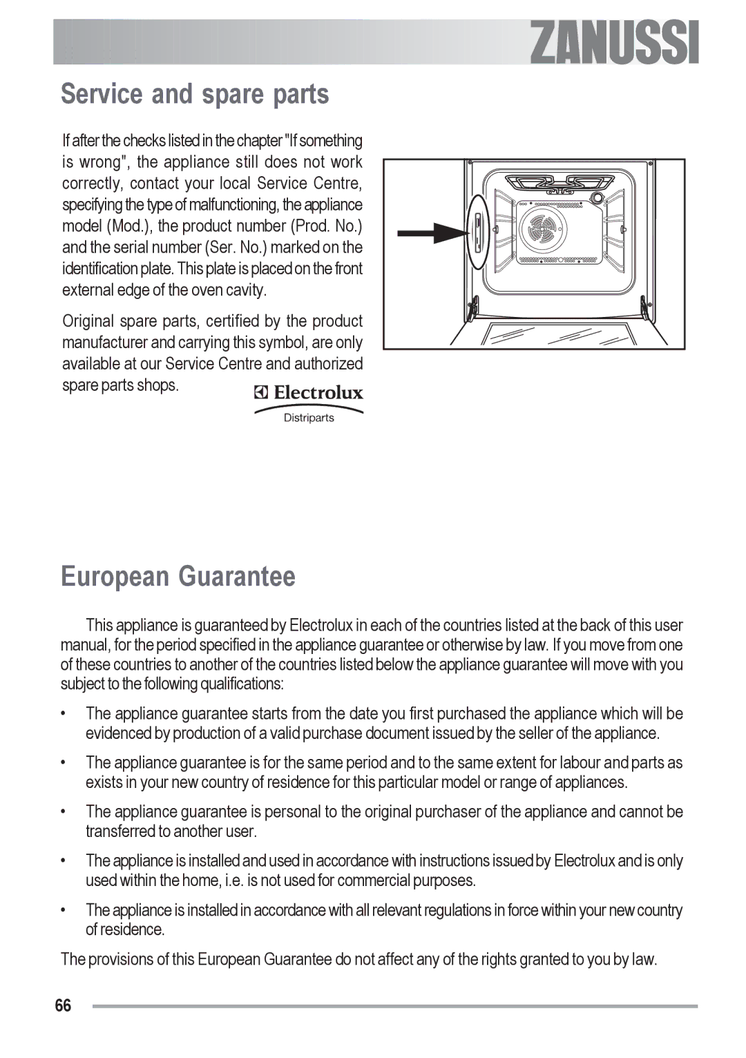 Zanussi ZOB 590 manual Service and spare parts, European Guarantee 