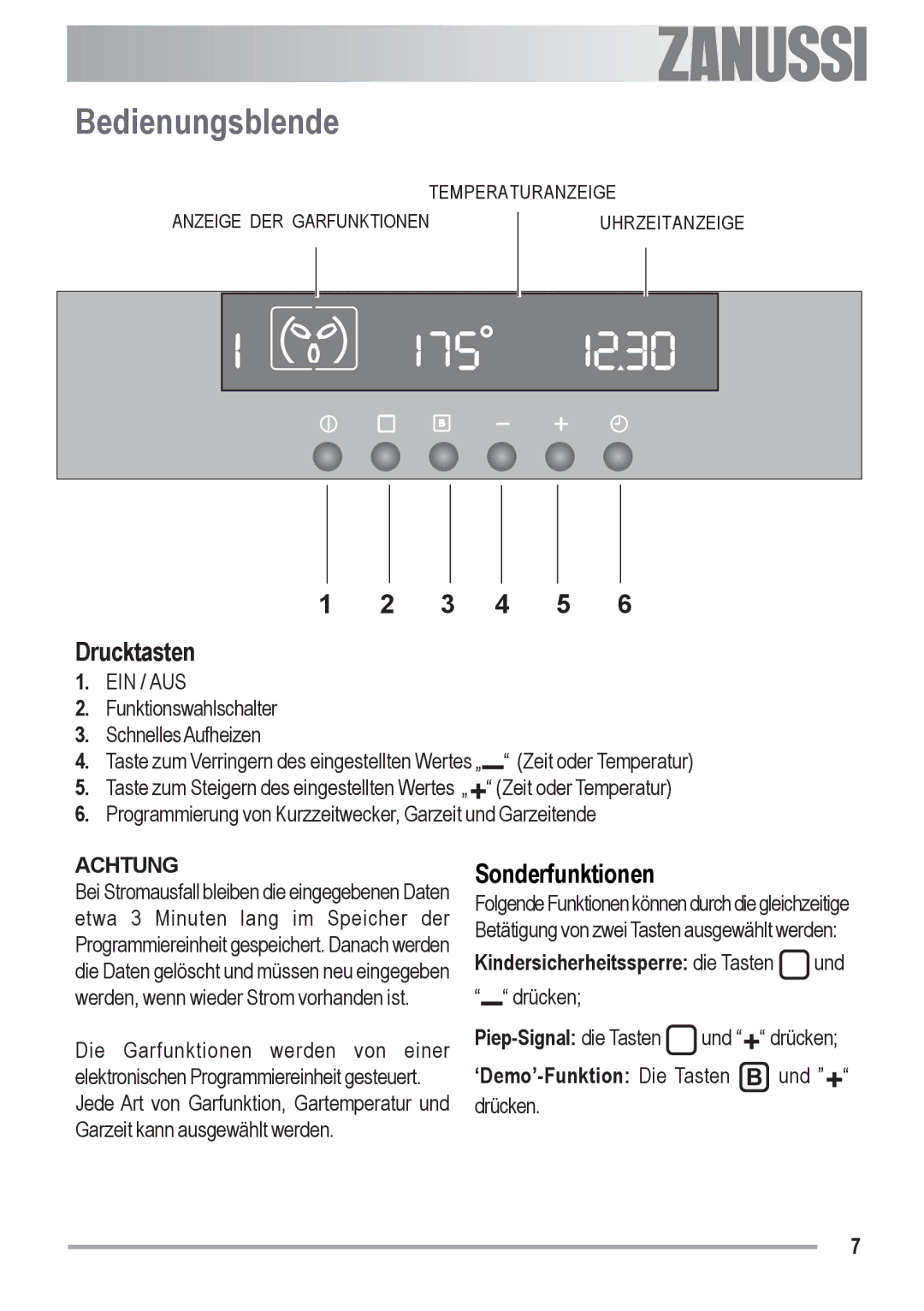 Zanussi ZOB 590 manual Bedienungsblende, Drucktasten, Sonderfunktionen, Kindersicherheitssperre die Tasten und 