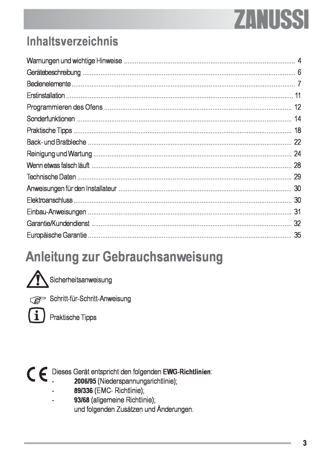 Zanussi ZOB 590 manual Anleitung zur Gebrauchsanweisung, Inhaltsverzeichnis, Electrolux 