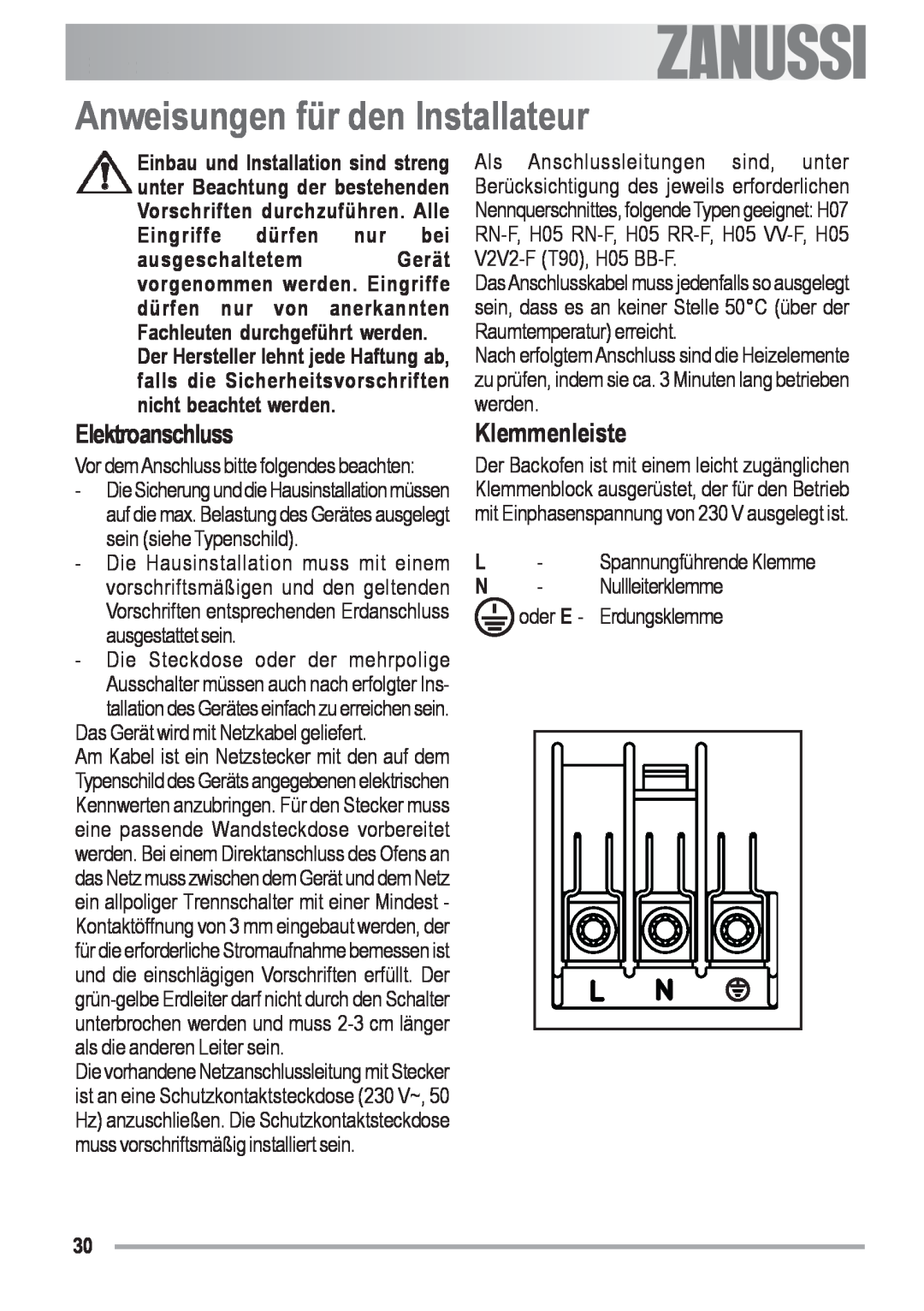 Zanussi ZOB 590 manual Anweisungen für den Installateur, Elektroanschluss, Klemmenleiste, Die Steckdose oder der mehrpolige 