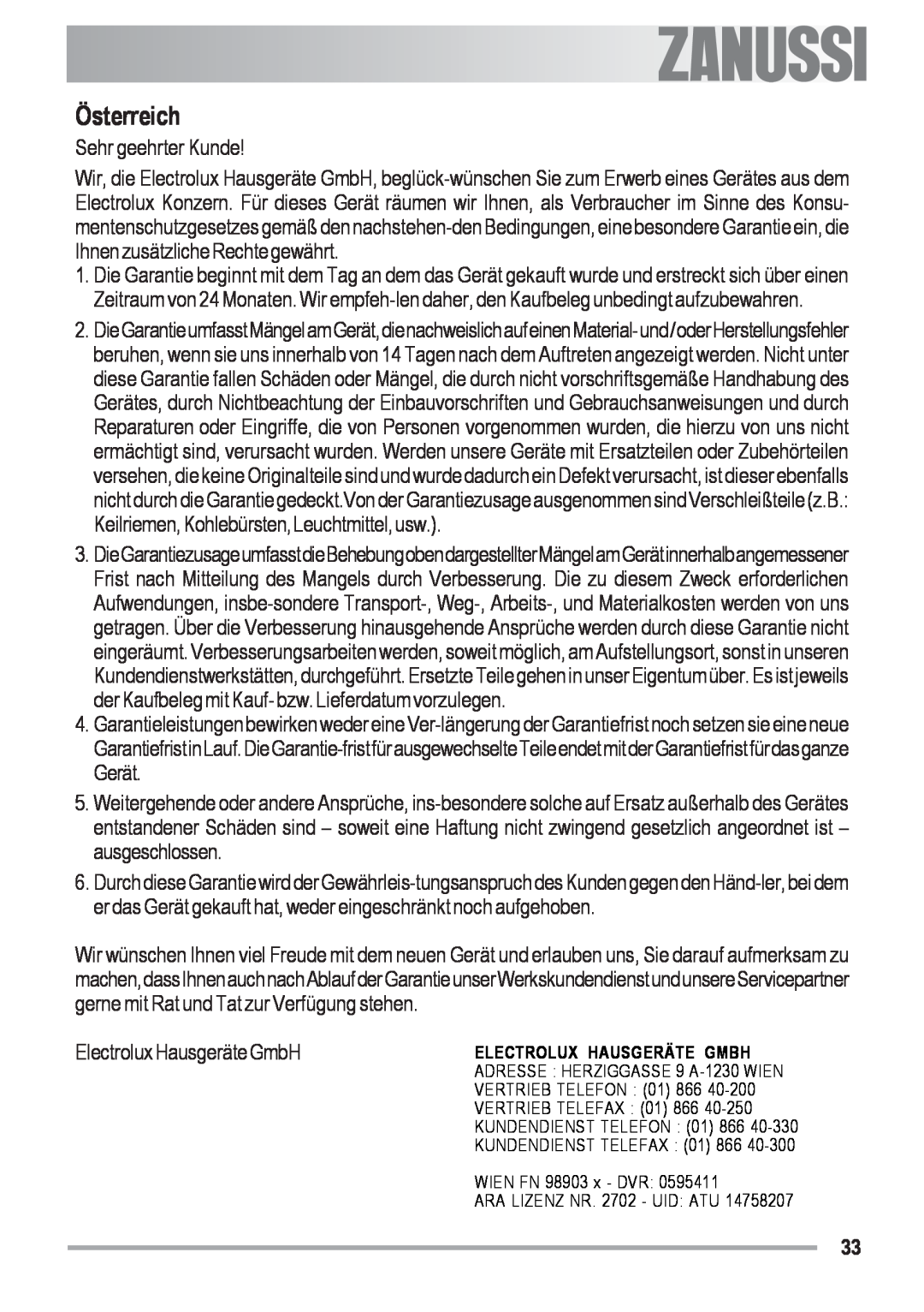 Zanussi ZOB 590 manual Österreich, Sehr geehrter Kunde, Electrolux Hausgeräte GmbH, Electrolux Hausgeräte Gmbh 