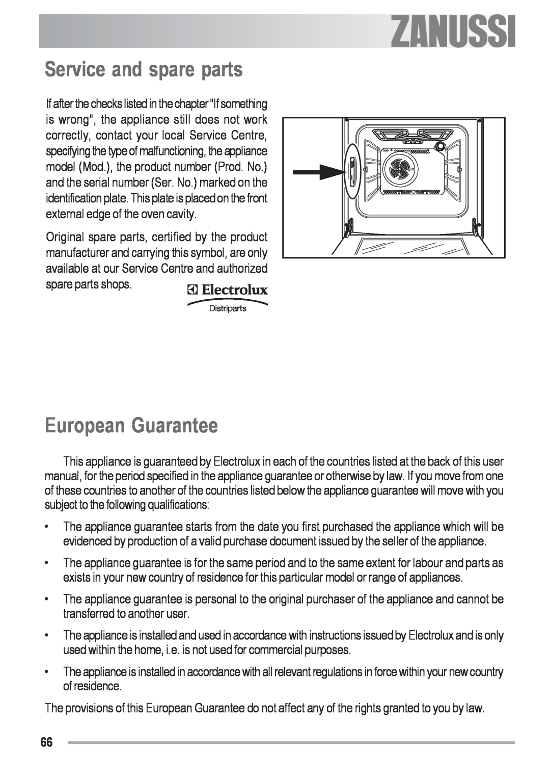 Zanussi ZOB 590 manual Service and spare parts, European Guarantee, electrolux 