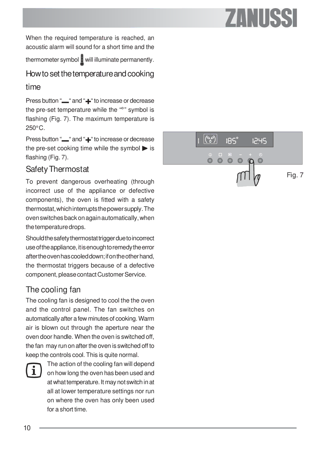 Zanussi ZOB 593 manual How to set the temperature and cooking time, Safety Thermostat, Cooling fan 