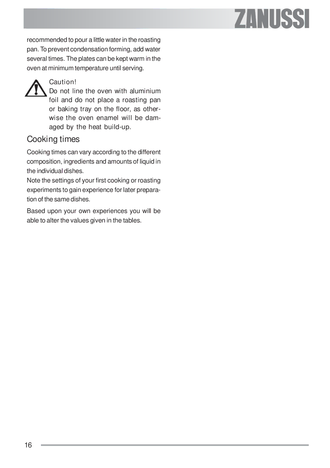 Zanussi ZOB 593 manual Cooking times 