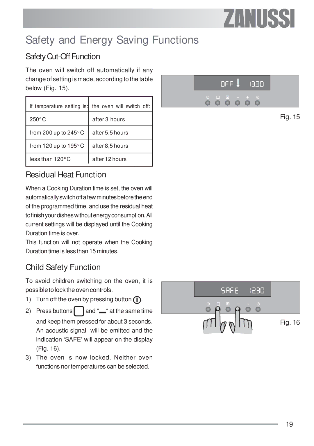 Zanussi ZOB 593 Safety and Energy Saving Functions, Safety Cut-Off Function, Residual Heat Function, Child Safety Function 