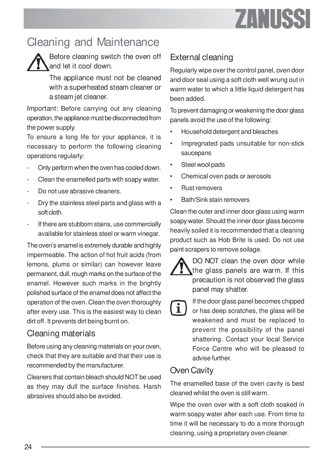 Zanussi ZOB 593 manual Cleaning and Maintenance, Cleaning materials, External cleaning, Oven Cavity 