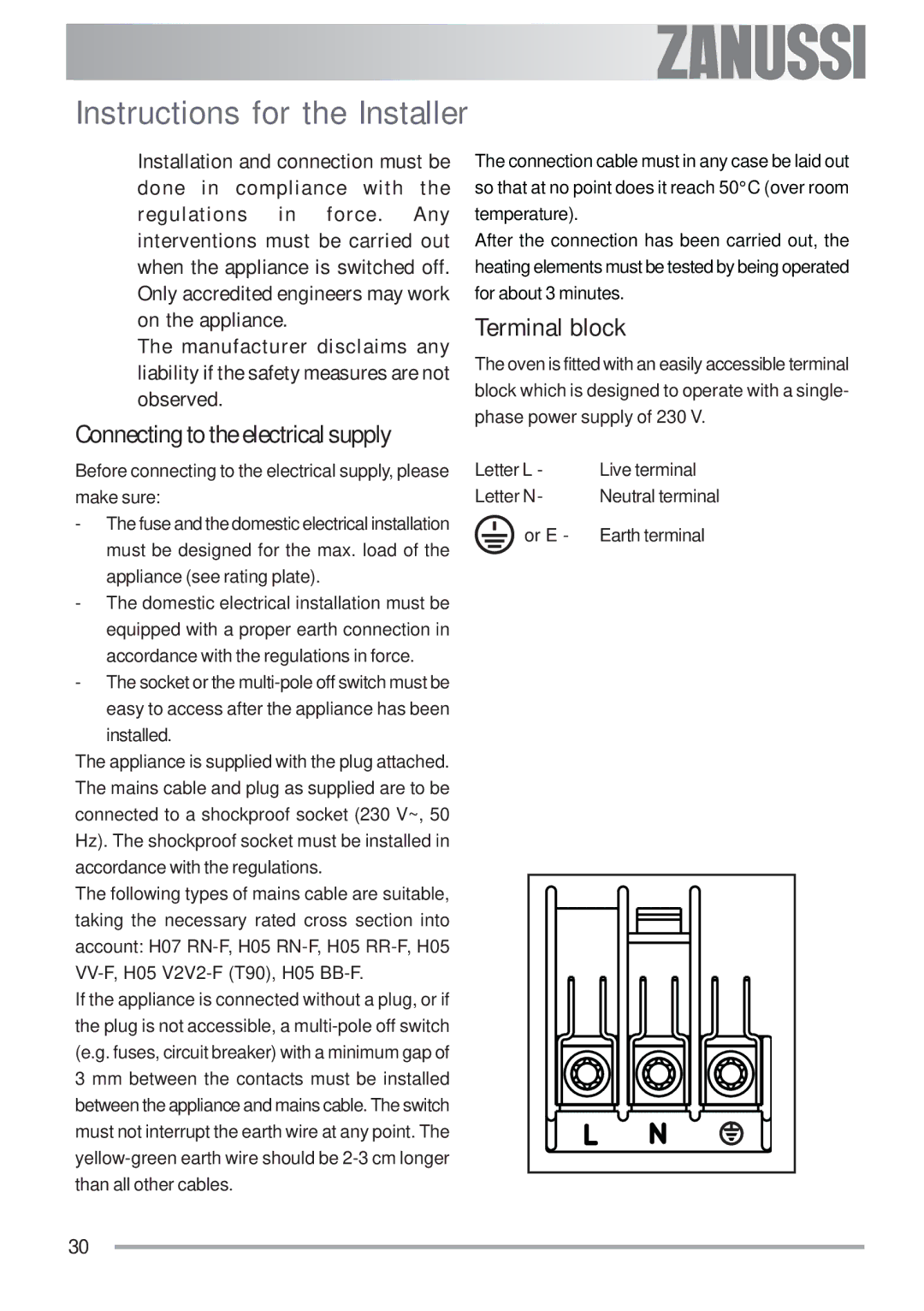 Zanussi ZOB 593 manual Instructions for the Installer, Connecting to the electrical supply, Terminal block 