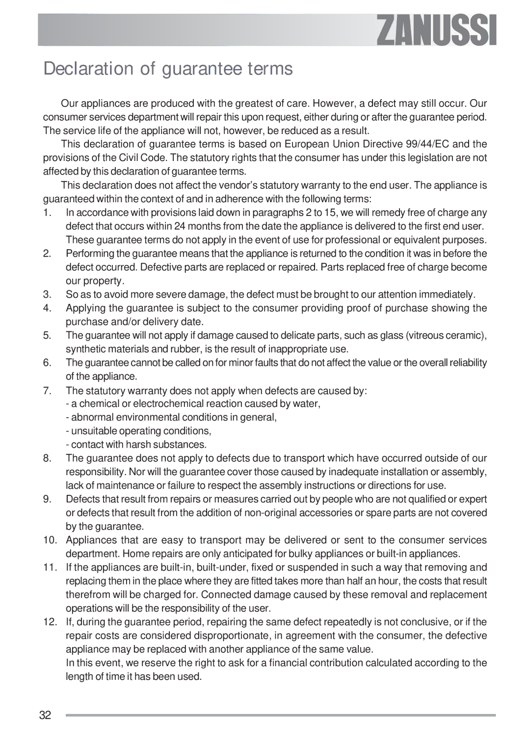 Zanussi ZOB 593 manual Declaration of guarantee terms 