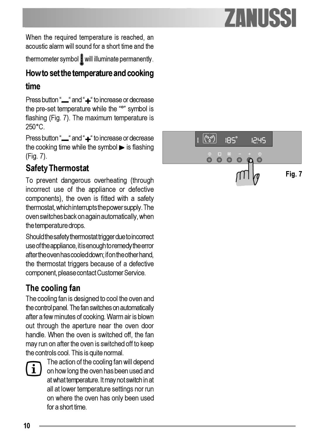 Zanussi ZOB 594 manual How to set the temperature and cooking time, Safety Thermostat, Cooling fan 