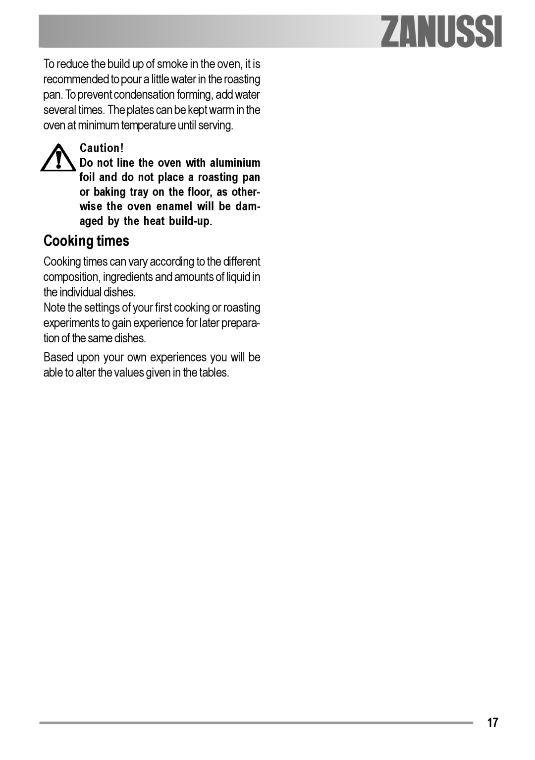 Zanussi ZOB 594 manual Cooking times 