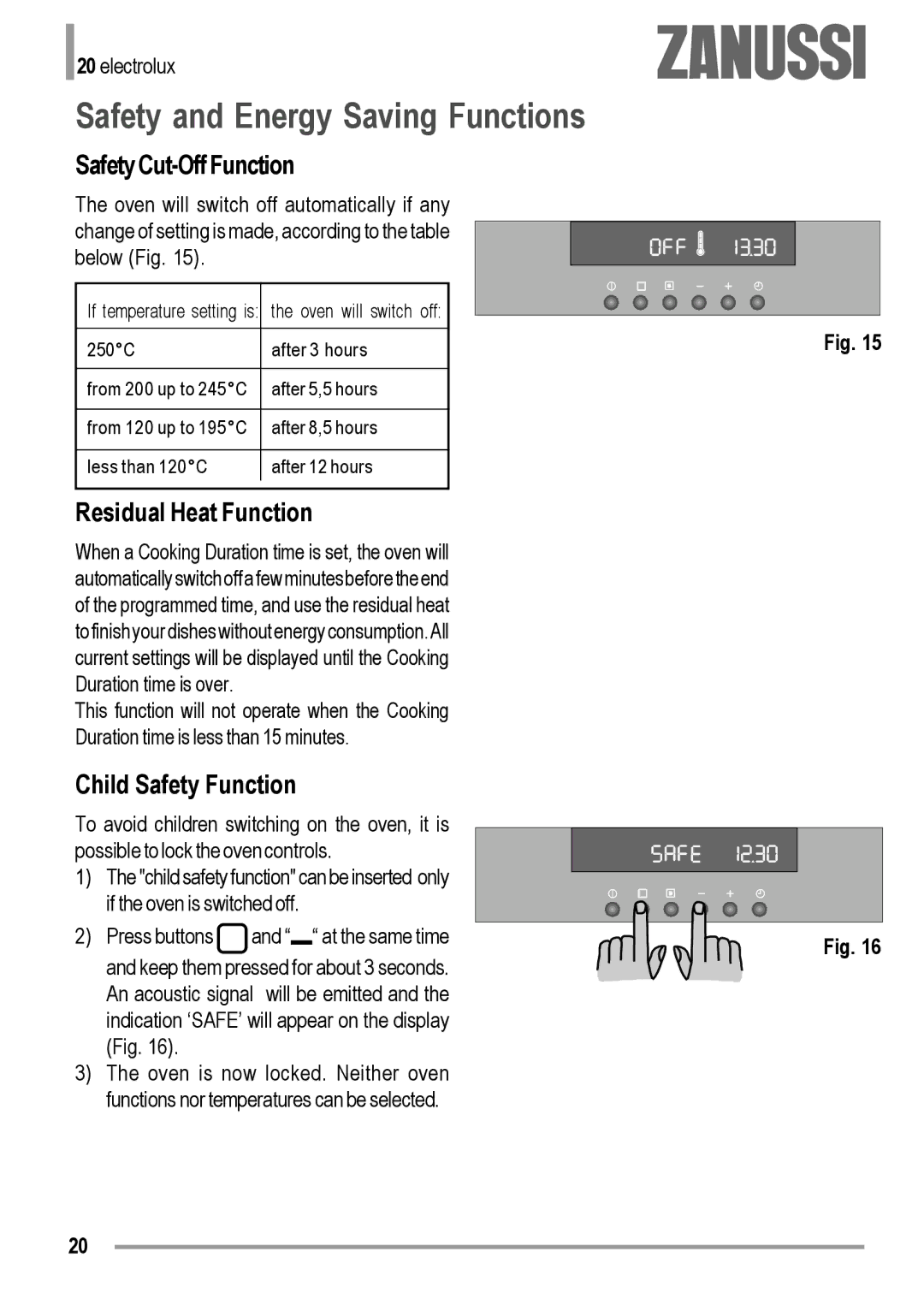 Zanussi ZOB 594 Safety and Energy Saving Functions, Safety Cut-Off Function, Residual Heat Function, Child Safety Function 