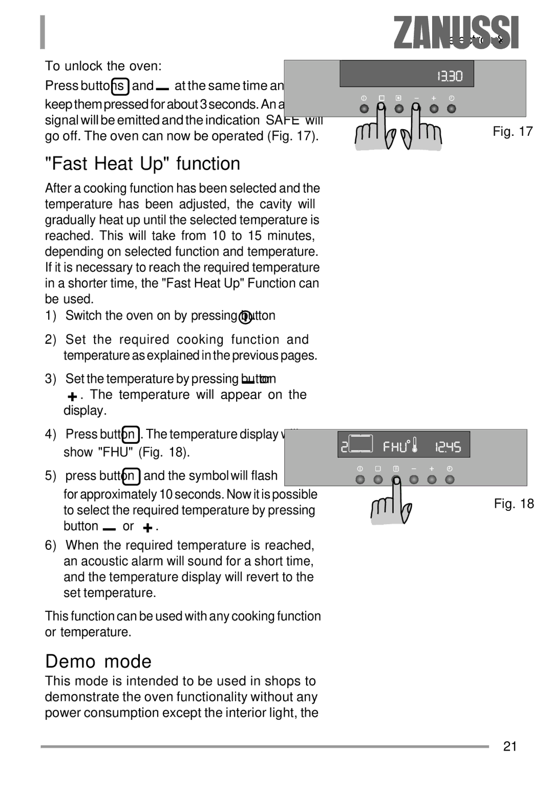 Zanussi ZOB 594 manual Fast Heat Up function, To unlock the oven 