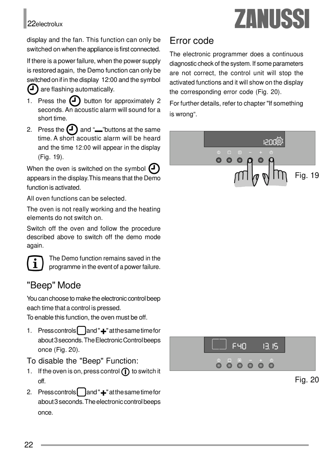 Zanussi ZOB 594 manual Beep Mode, Error code, To disable the Beep Function 