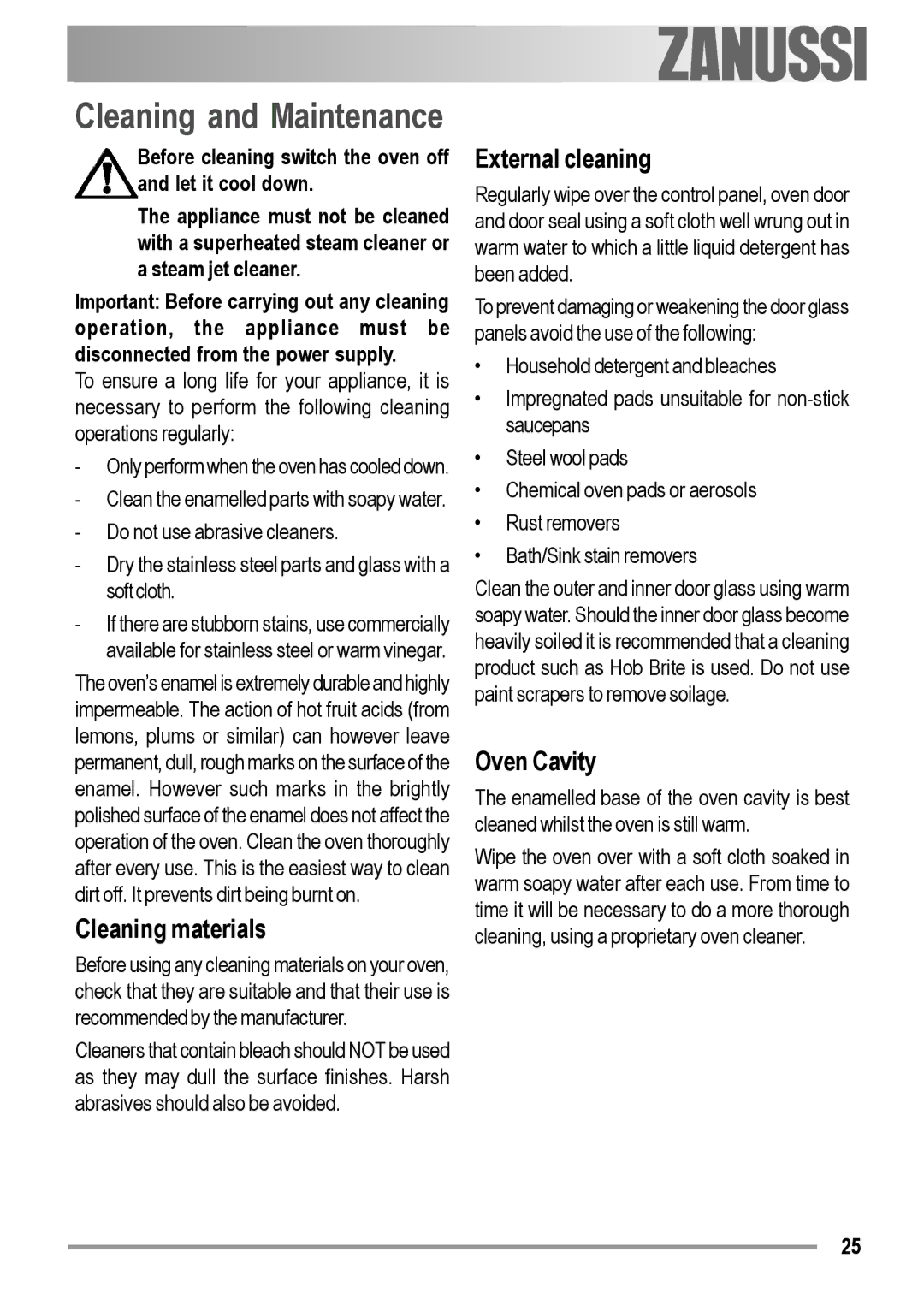Zanussi ZOB 594 manual Cleaning and Maintenance, Cleaning materials, External cleaning, Oven Cavity 