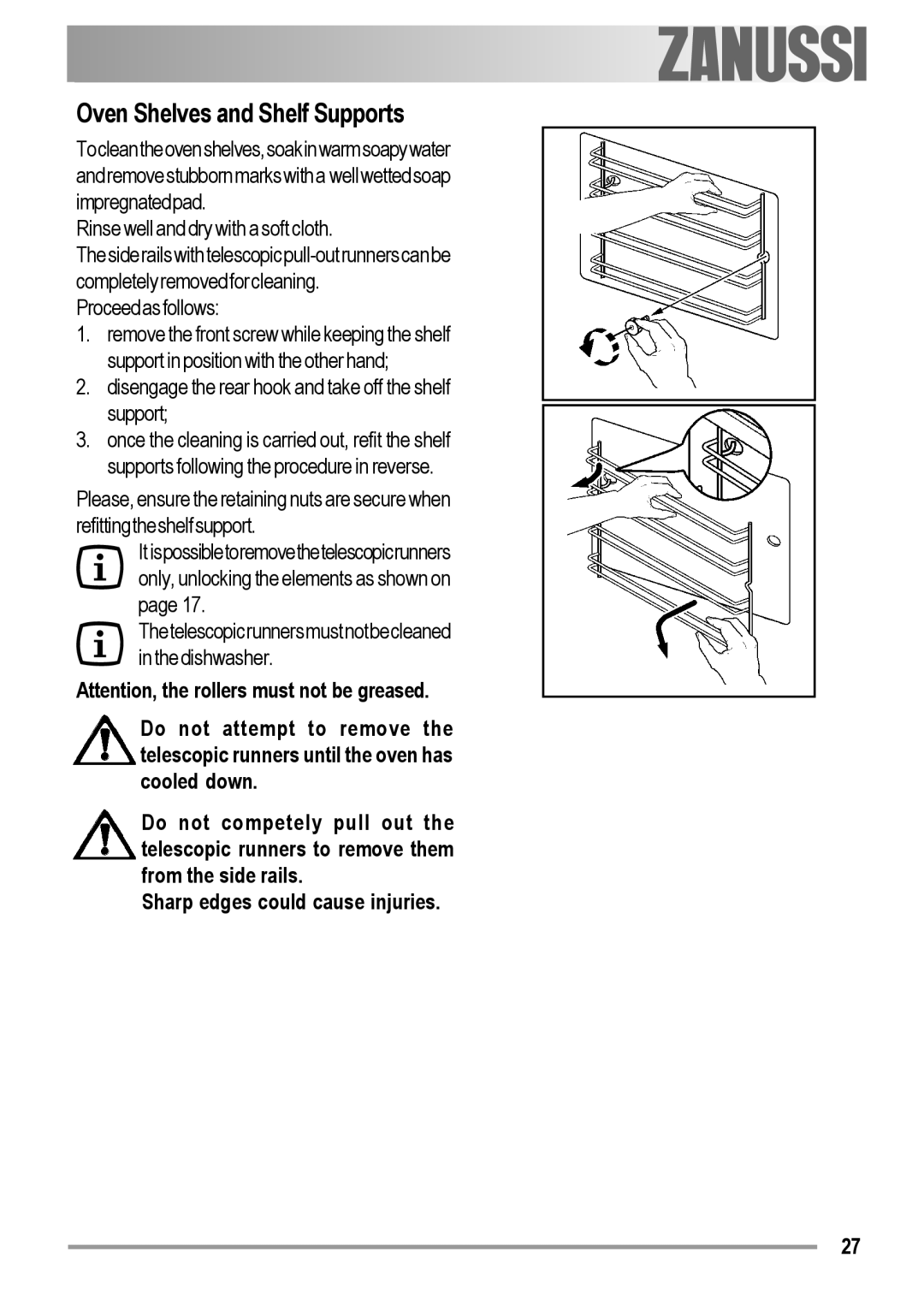 Zanussi ZOB 594 manual Oven Shelves and Shelf Supports 