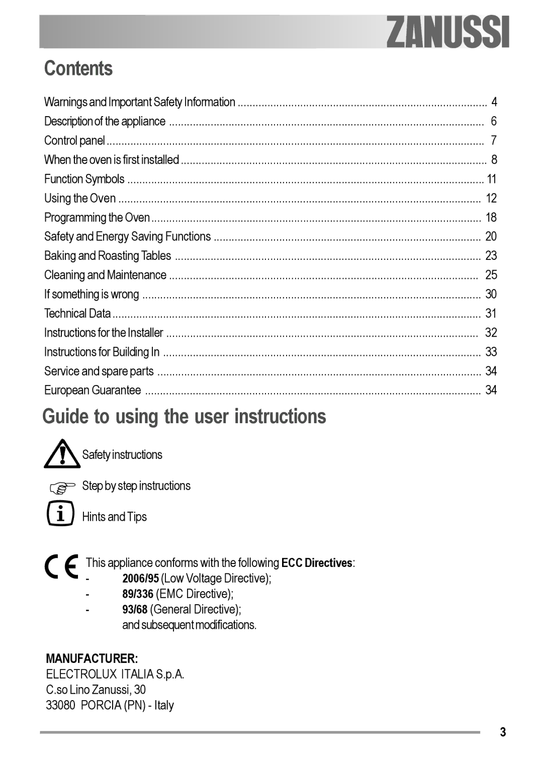 Zanussi ZOB 594 manual Contents, Guide to using the user instructions 