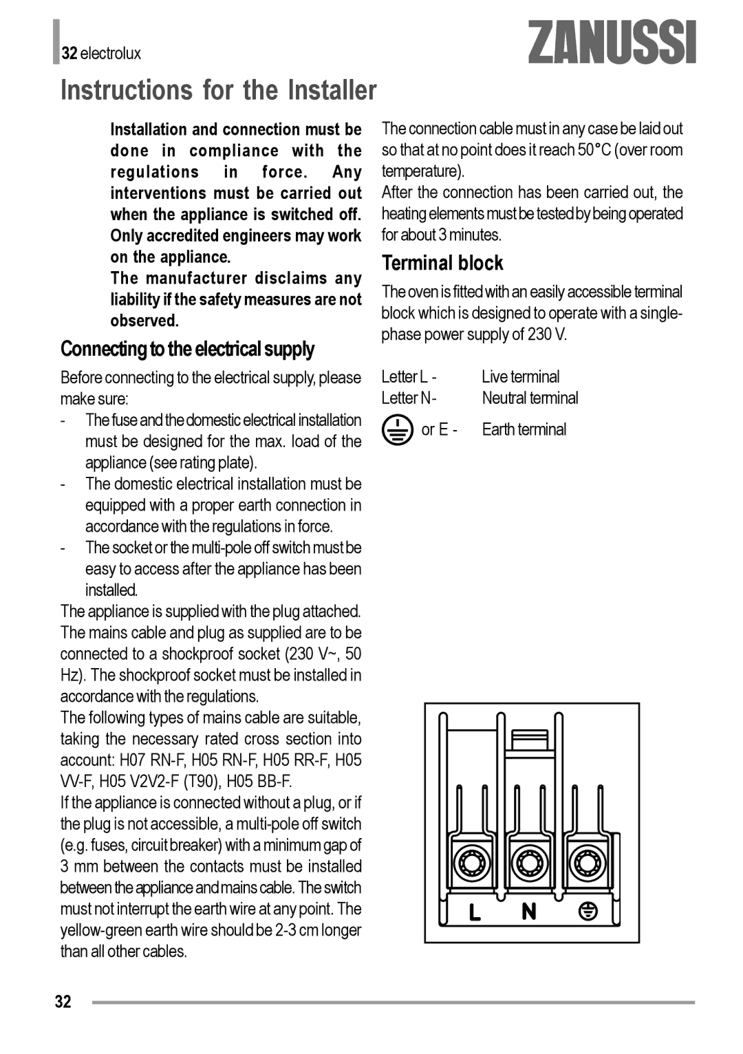 Zanussi ZOB 594 manual Instructions for the Installer, Connecting to the electrical supply, Terminal block 