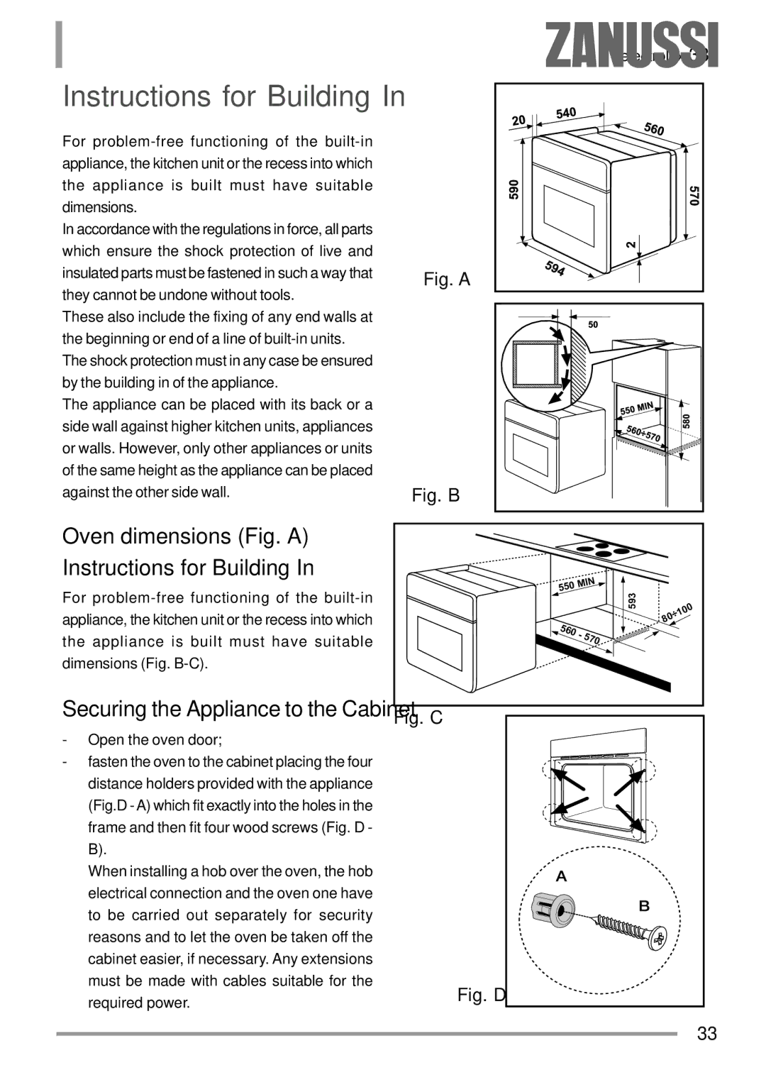 Zanussi ZOB 594 manual Oven dimensions Fig. a Instructions for Building, Securing the Appliance to the Cabinet 