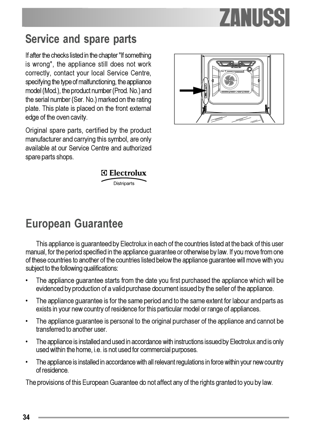 Zanussi ZOB 594 manual Service and spare parts, European Guarantee 