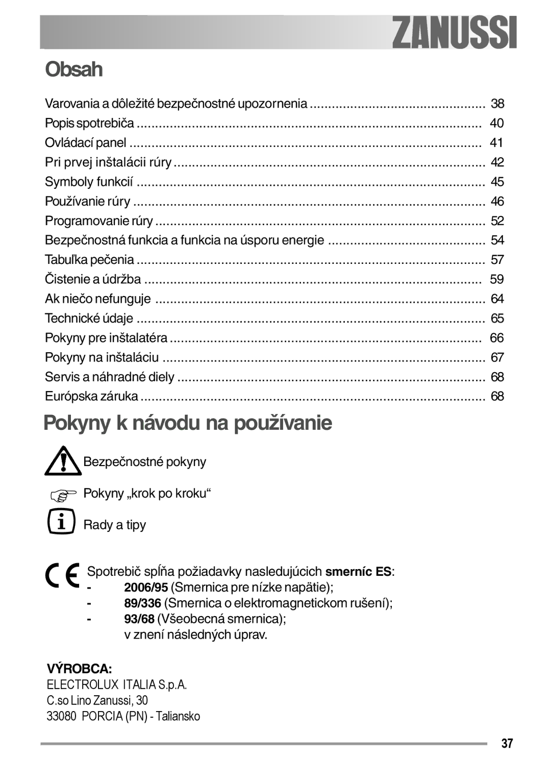 Zanussi ZOB 594 manual Obsah, Pokyny k návodu na používanie 