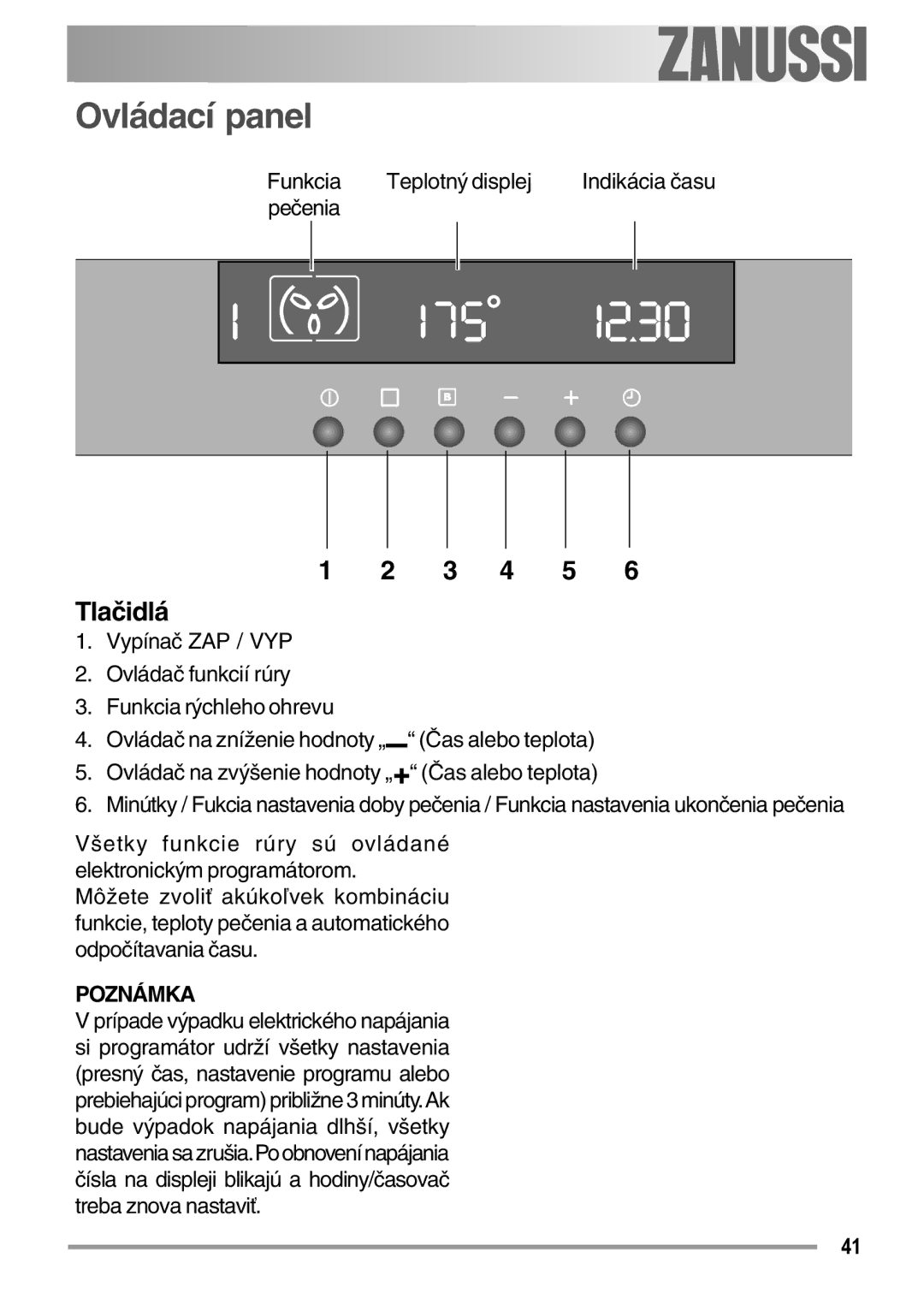 Zanussi ZOB 594 manual Ovládací panel, Tlačidlá 