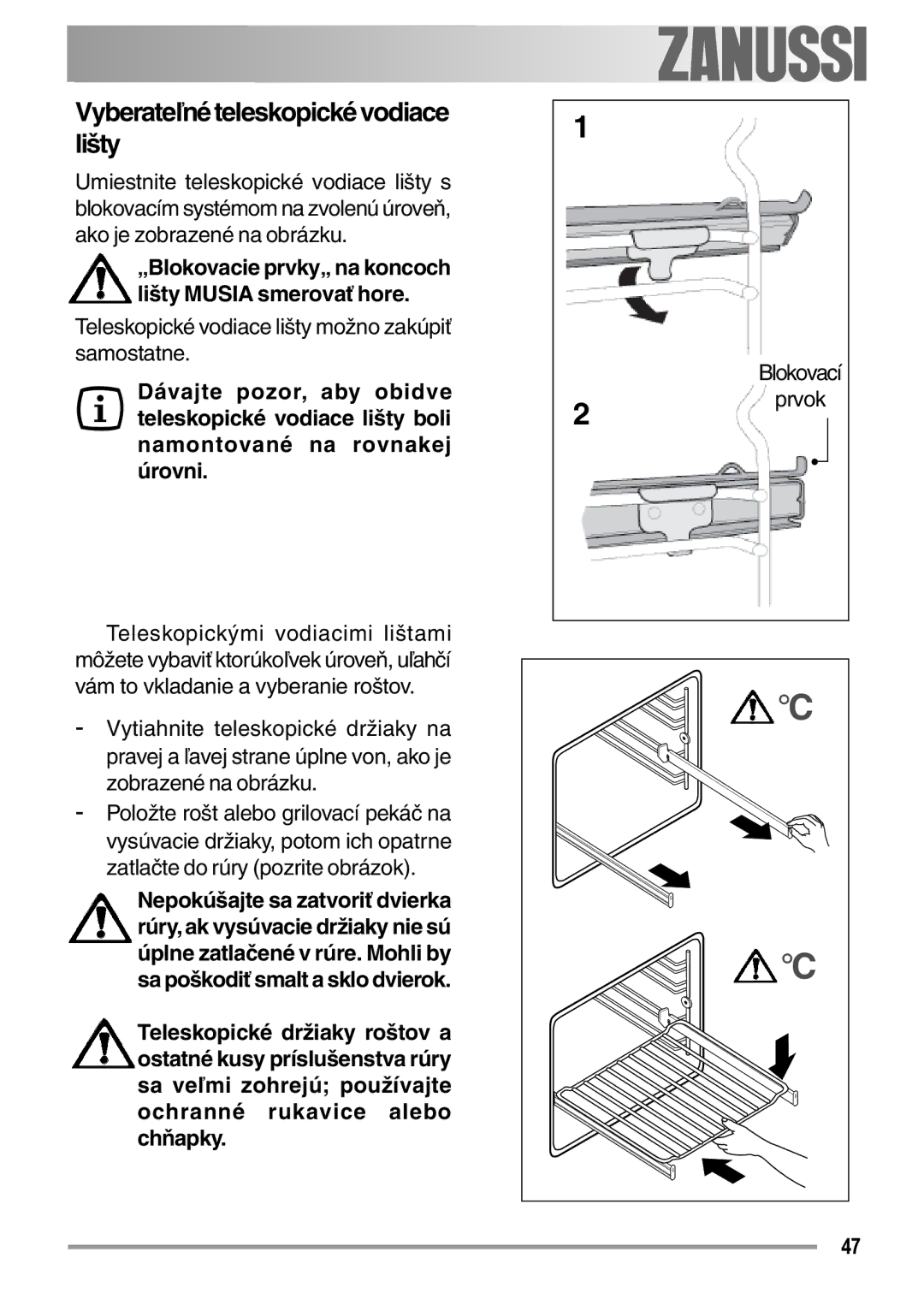 Zanussi ZOB 594 manual Vyberateľné teleskopické vodiace lišty, Electrolux Blokovací Prvok 