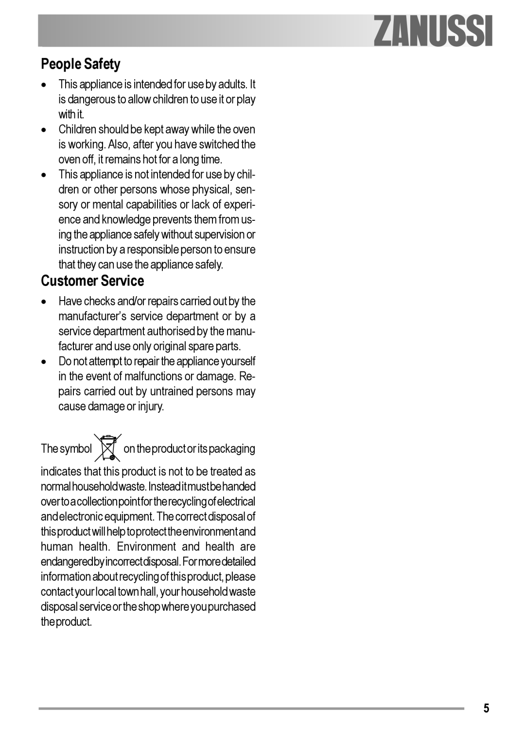 Zanussi ZOB 594 manual People Safety, Customer Service 