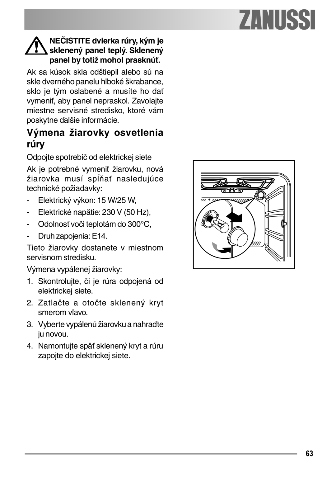 Zanussi ZOB 594 manual Výmena žiarovky osvetlenia rúry 