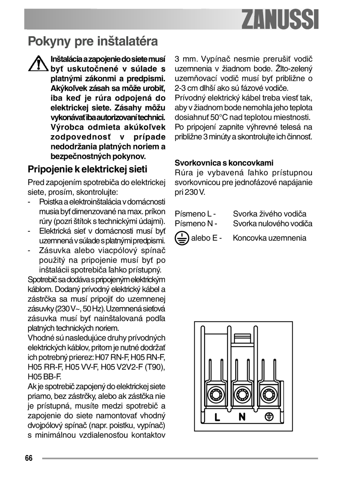 Zanussi ZOB 594 manual Pokyny pre inštalatéra, Pripojenie k elektrickej sieti, Svorkovnica s koncovkami 