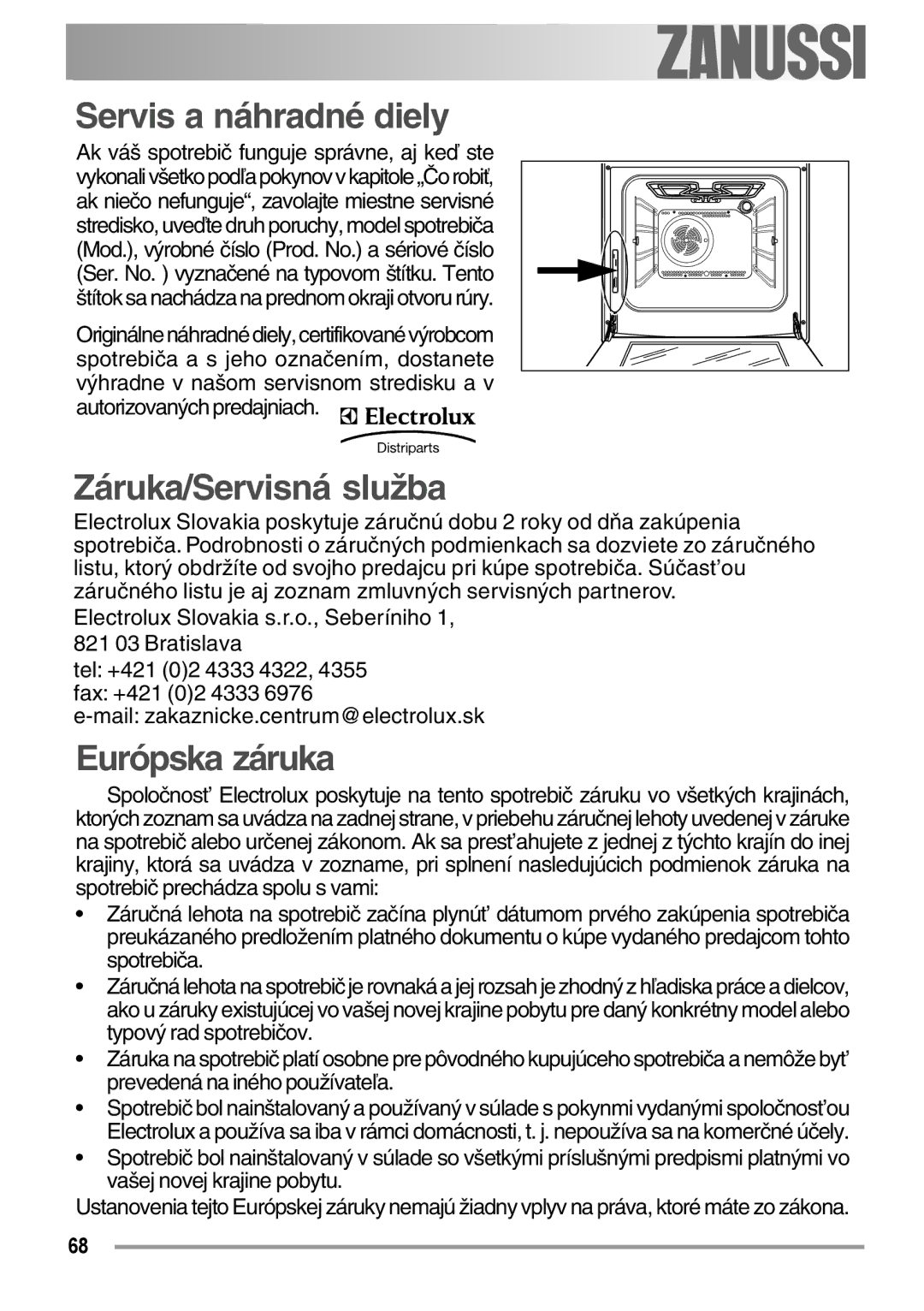 Zanussi ZOB 594 manual Servis a náhradné diely, Záruka/Servisná služba, Európska záruka 