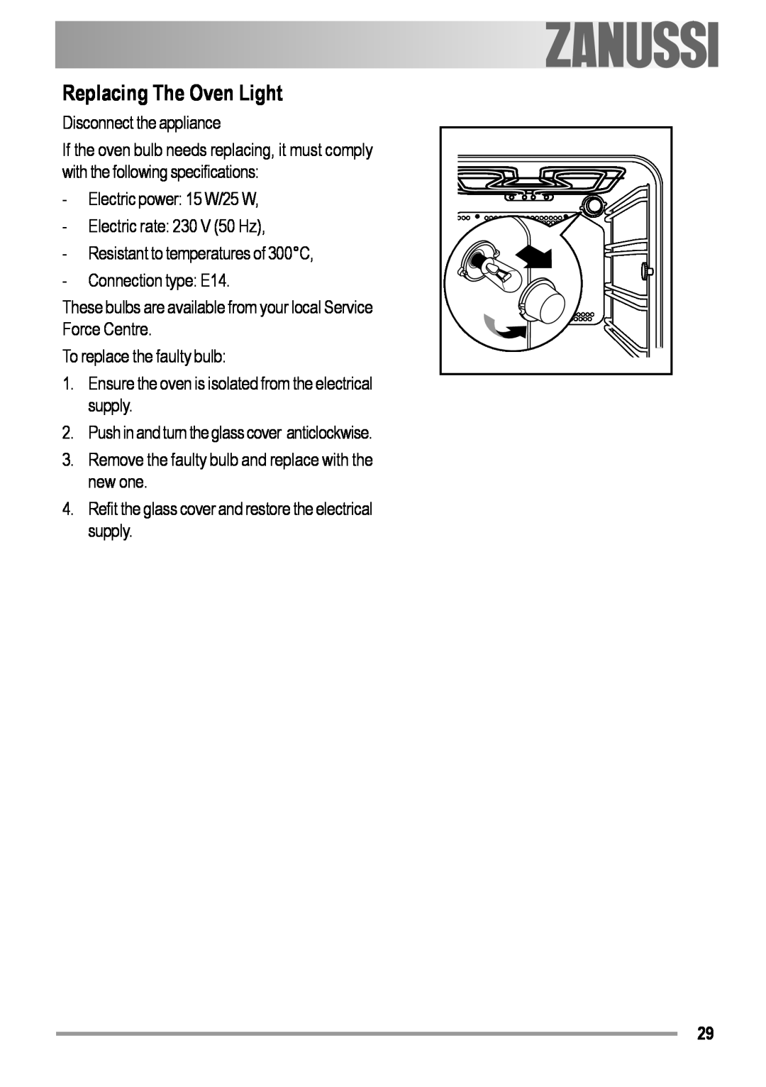 Zanussi ZOB 594 manual Replacing The Oven Light 