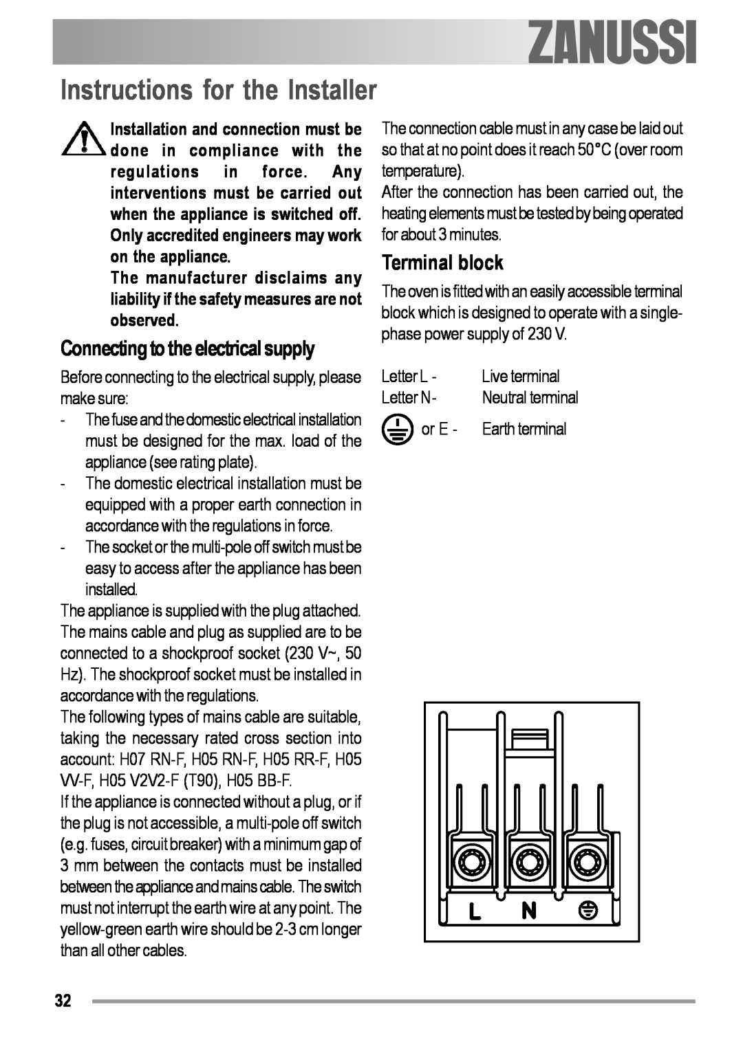 Zanussi ZOB 594 manual Instructions for the Installer, Terminal block, Connecting to the electrical supply 