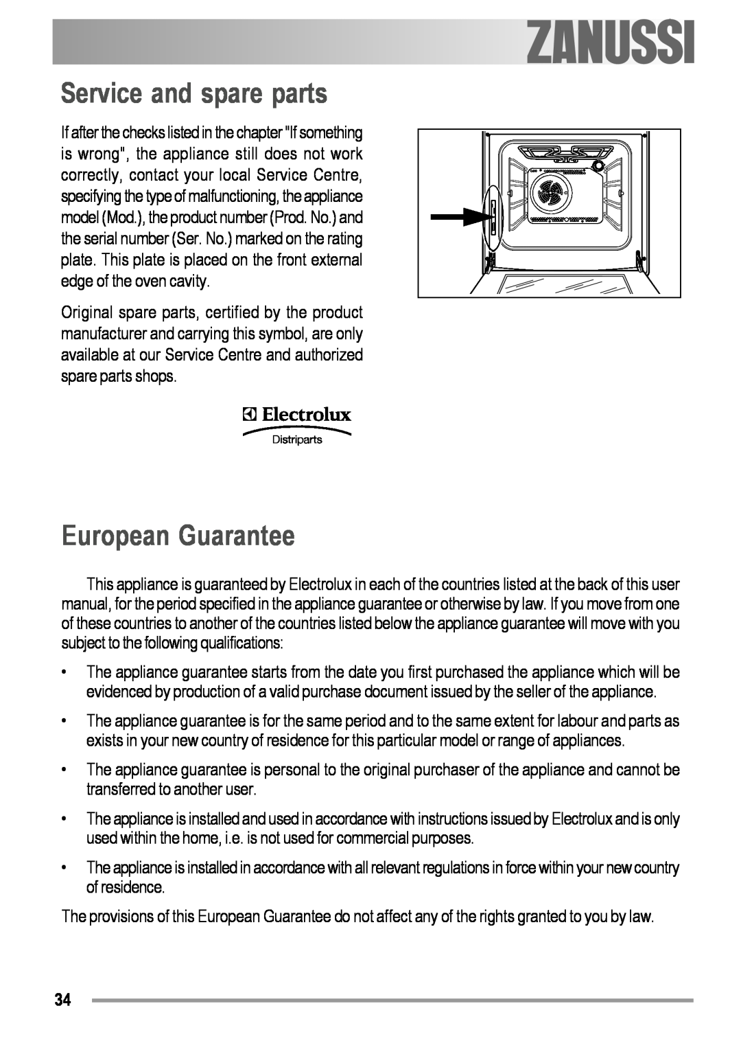 Zanussi ZOB 594 manual Service and spare parts, European Guarantee 