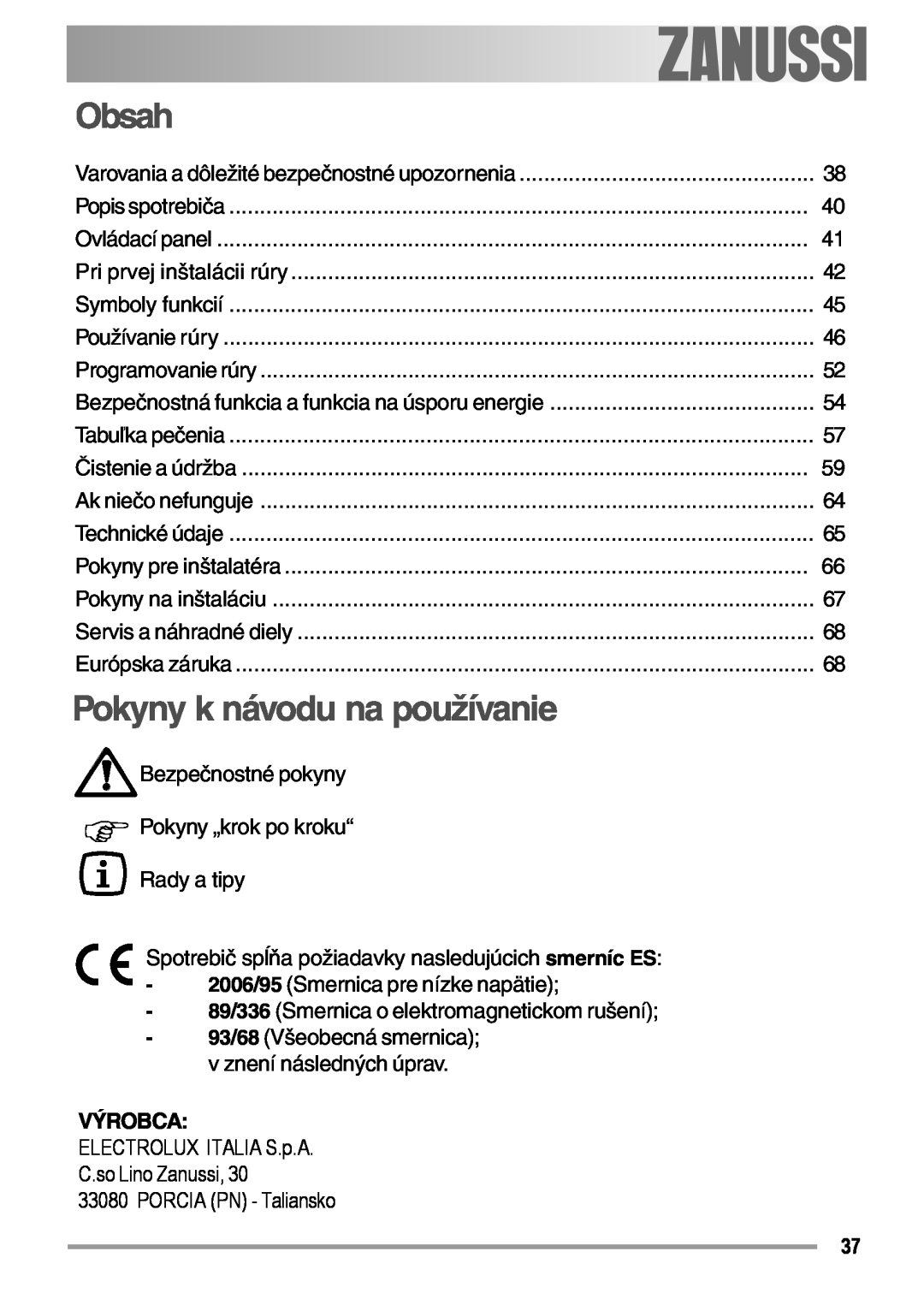 Zanussi ZOB 594 manual Obsah, Pokyny k návodu na používanie, Výrobca 