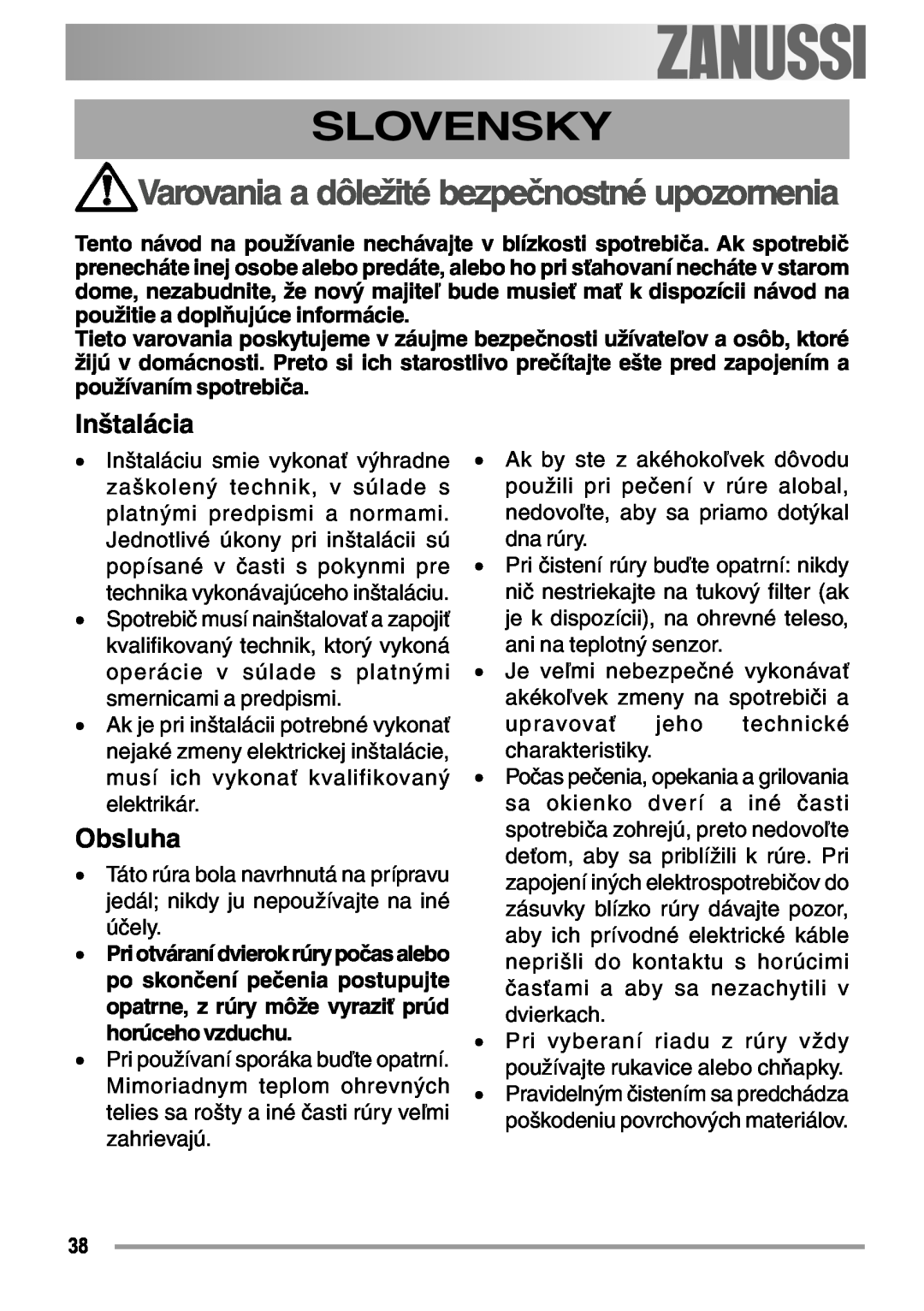 Zanussi ZOB 594 manual Slovensky, Inštalácia, Obsluha, Varovania a dôležité bezpečnostné upozornenia, electrolux 