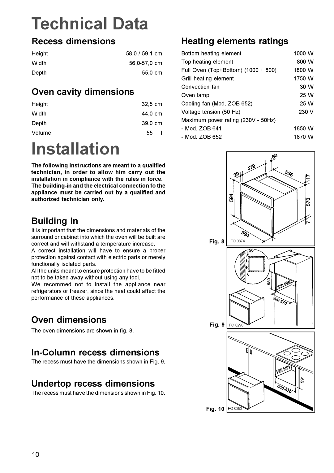 Zanussi ZOB 641, ZOB 652 manual Technical Data, Installation 