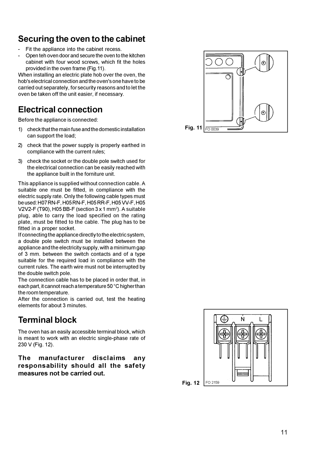 Zanussi ZOB 652, ZOB 641 manual Securing the oven to the cabinet, Electrical connection, Terminal block 