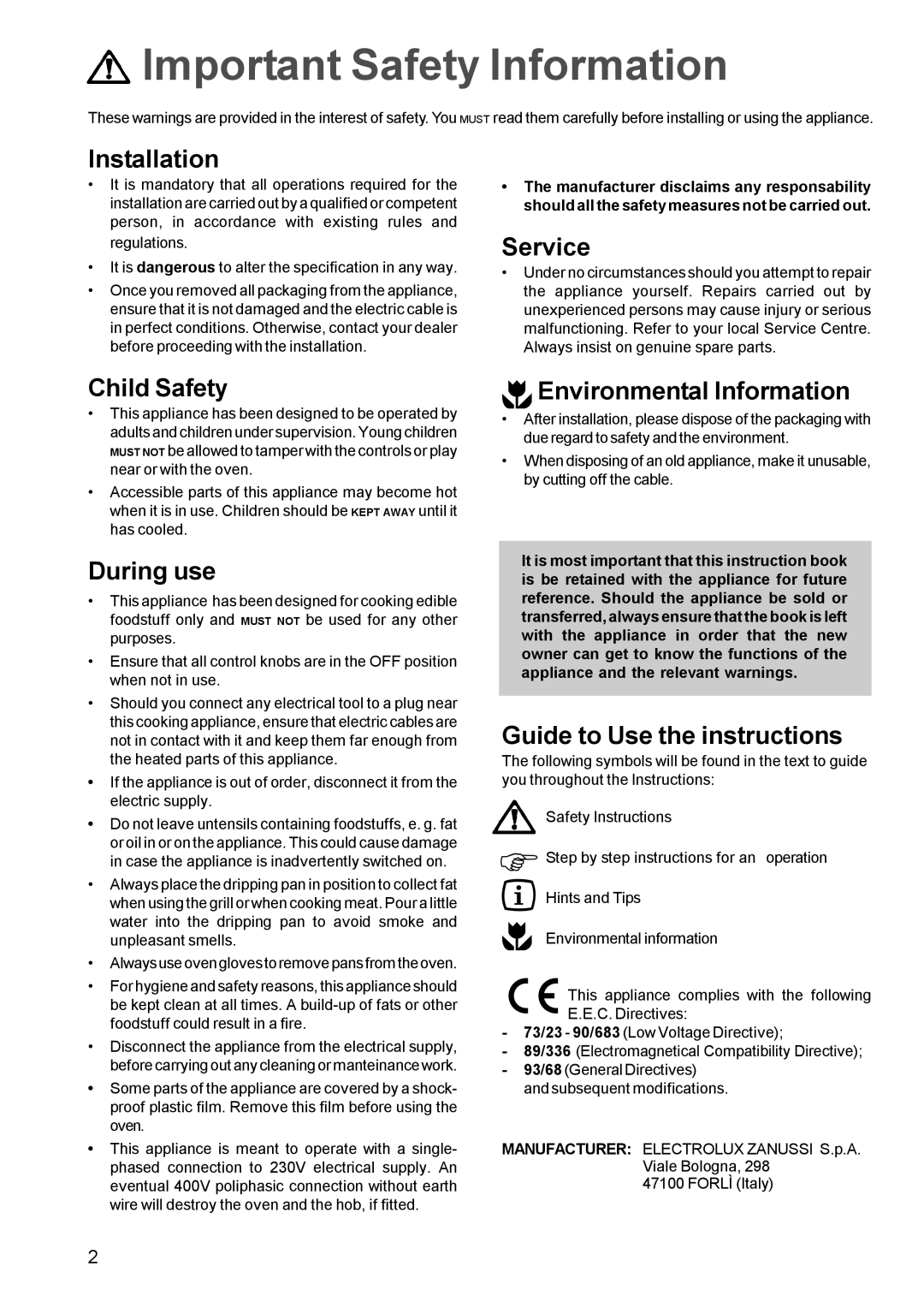 Zanussi ZOB 641 Installation, Service, Child Safety, During use, Environmental Information, Guide to Use the instructions 