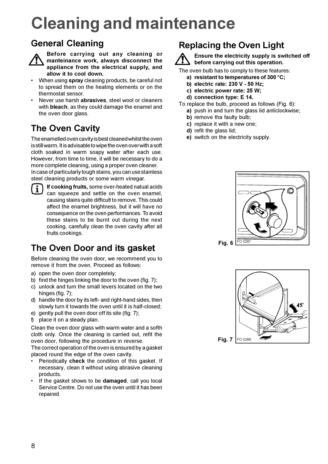 Zanussi ZOB 641, ZOB 652 manual Cleaning and maintenance, General Cleaning, Oven Cavity, Oven Door and its gasket 