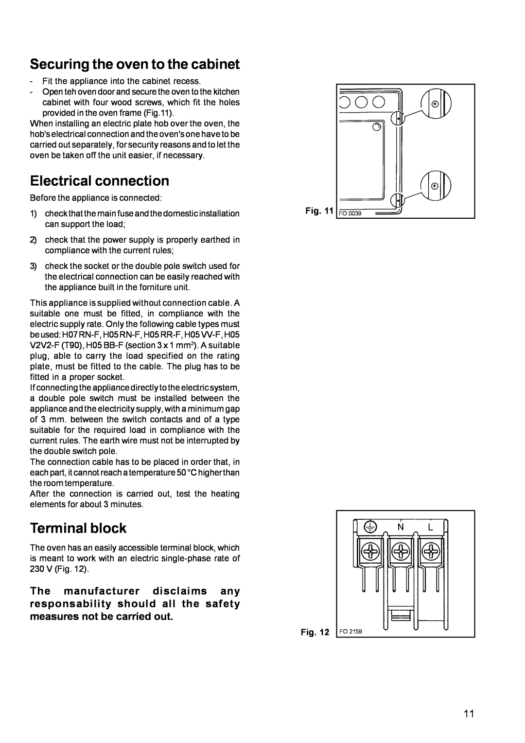 Zanussi ZOB 652, ZOB 641 manual Securing the oven to the cabinet, Electrical connection, Terminal block 