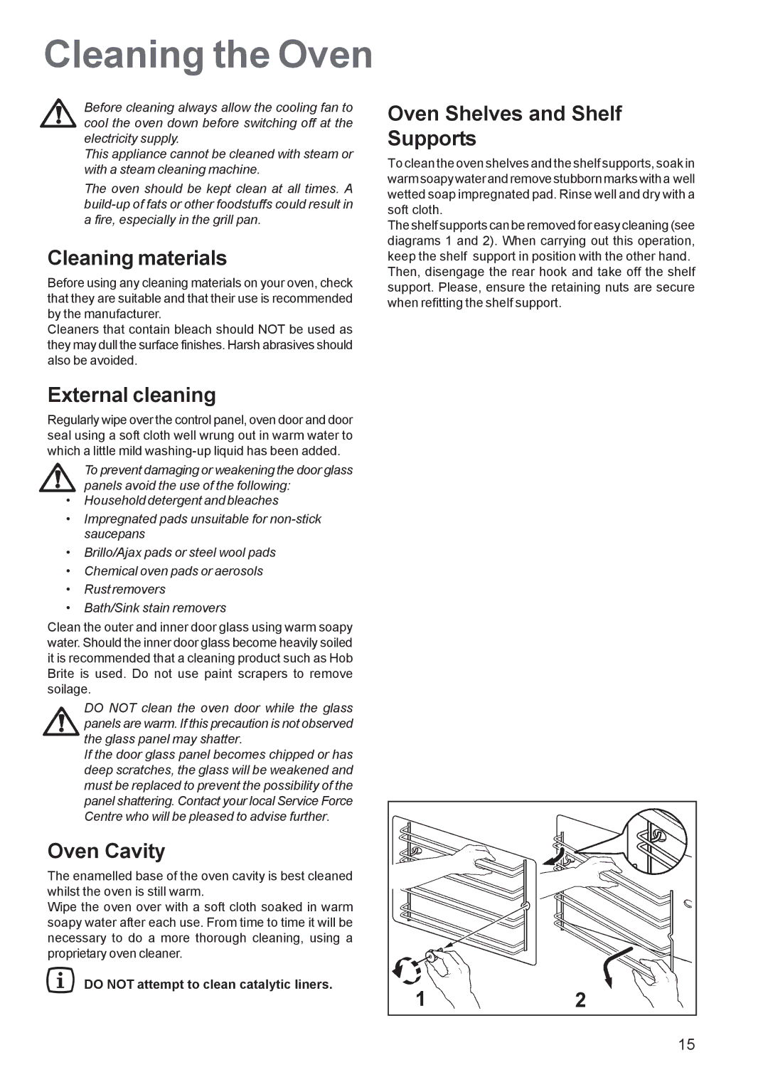 Zanussi ZOB 660 Cleaning the Oven, Cleaning materials, Oven Shelves and Shelf Supports, External cleaning, Oven Cavity 