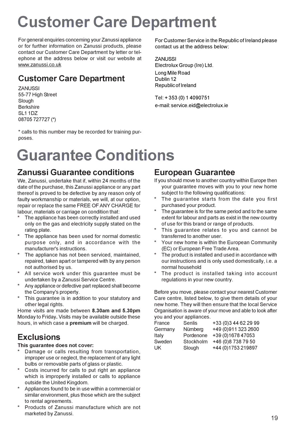 Zanussi ZOB 660 manual Customer Care Department, Guarantee Conditions 