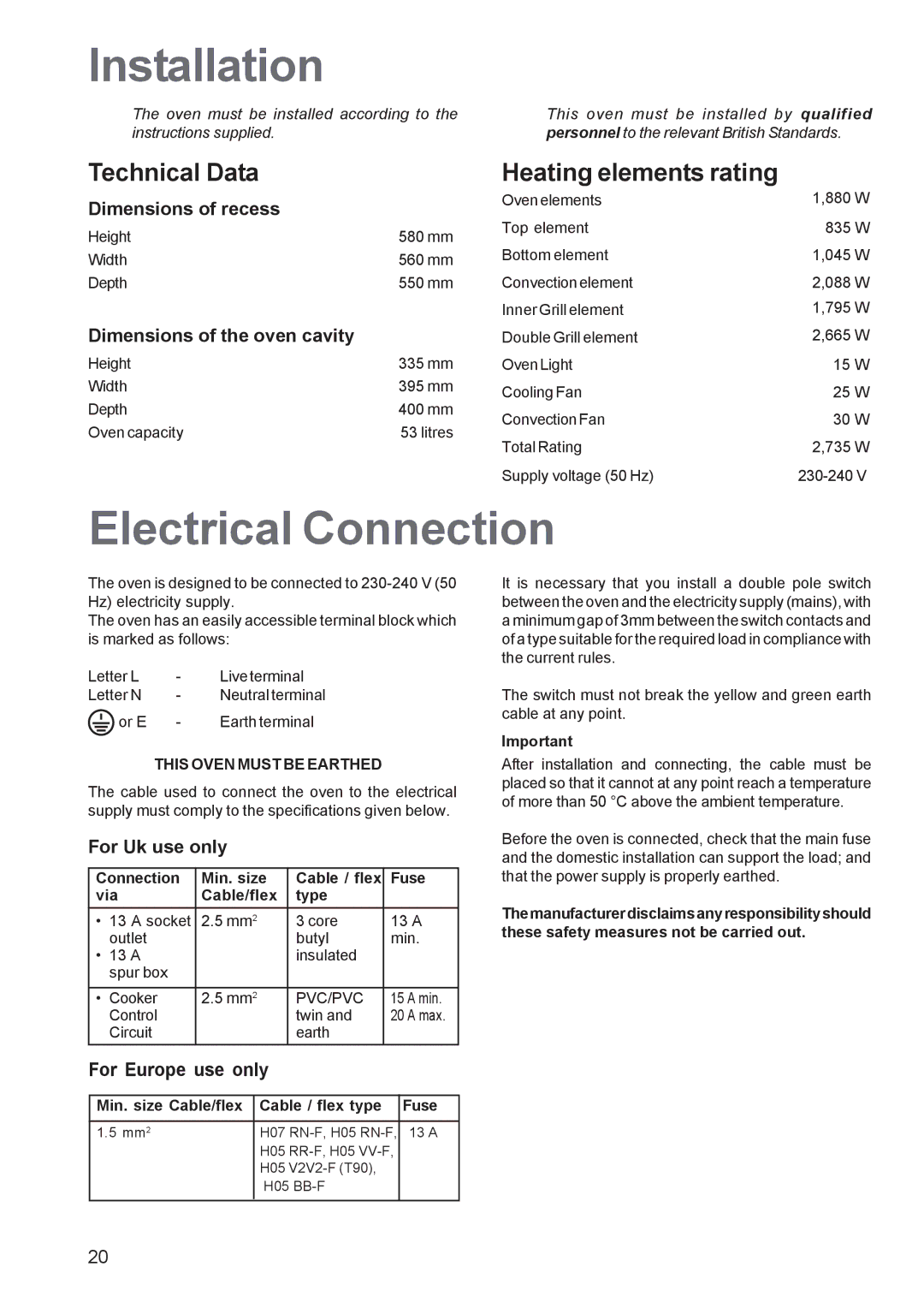 Zanussi ZOB 660 Installation, Electrical Connection, Technical Data Heating elements rating, This Oven Must be Earthed 