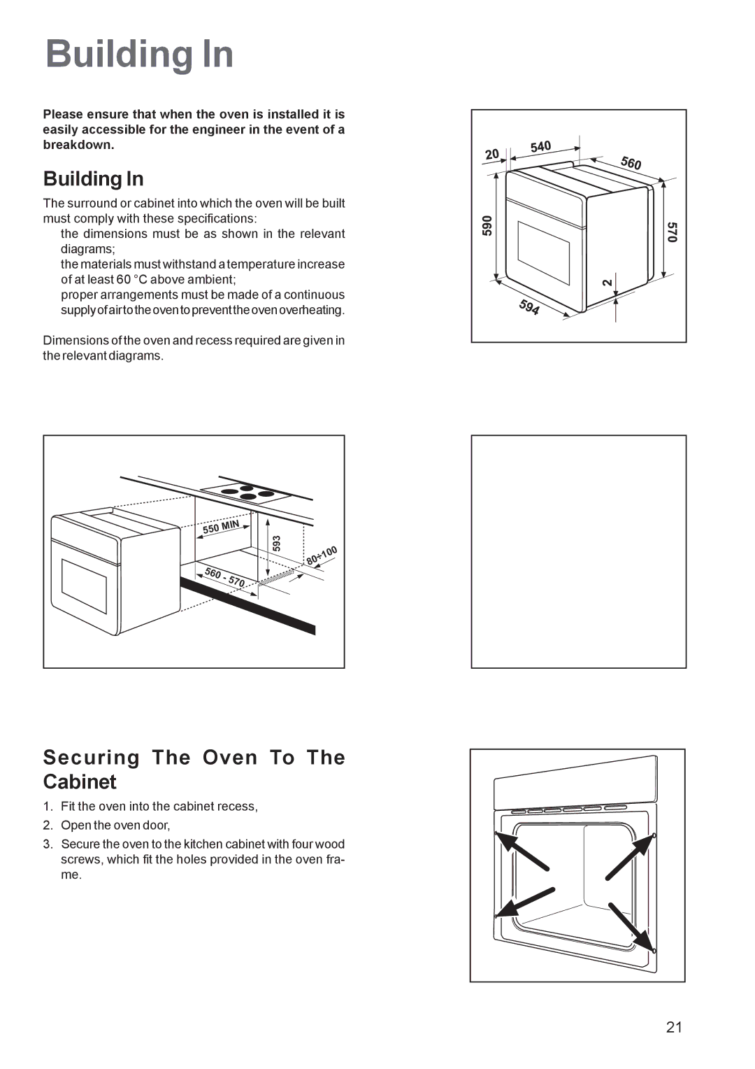 Zanussi ZOB 660 manual Building, Securing The Oven To The Cabinet, 570 