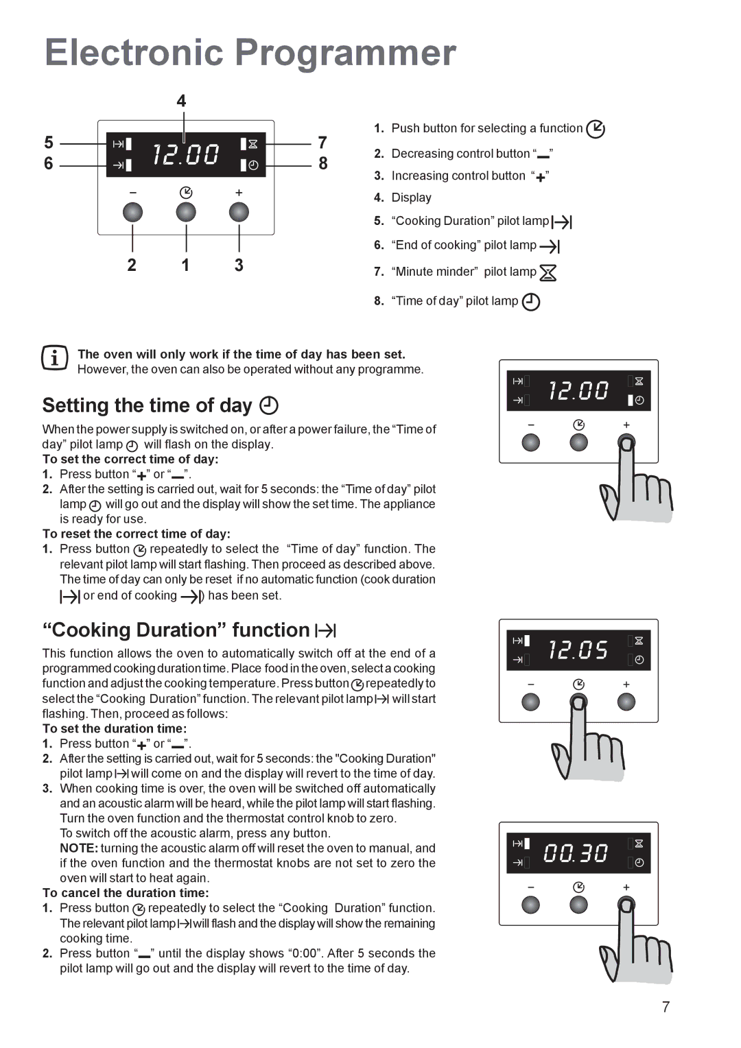 Zanussi ZOB 660 manual Electronic Programmer, Setting the time of day, Cooking Duration function 