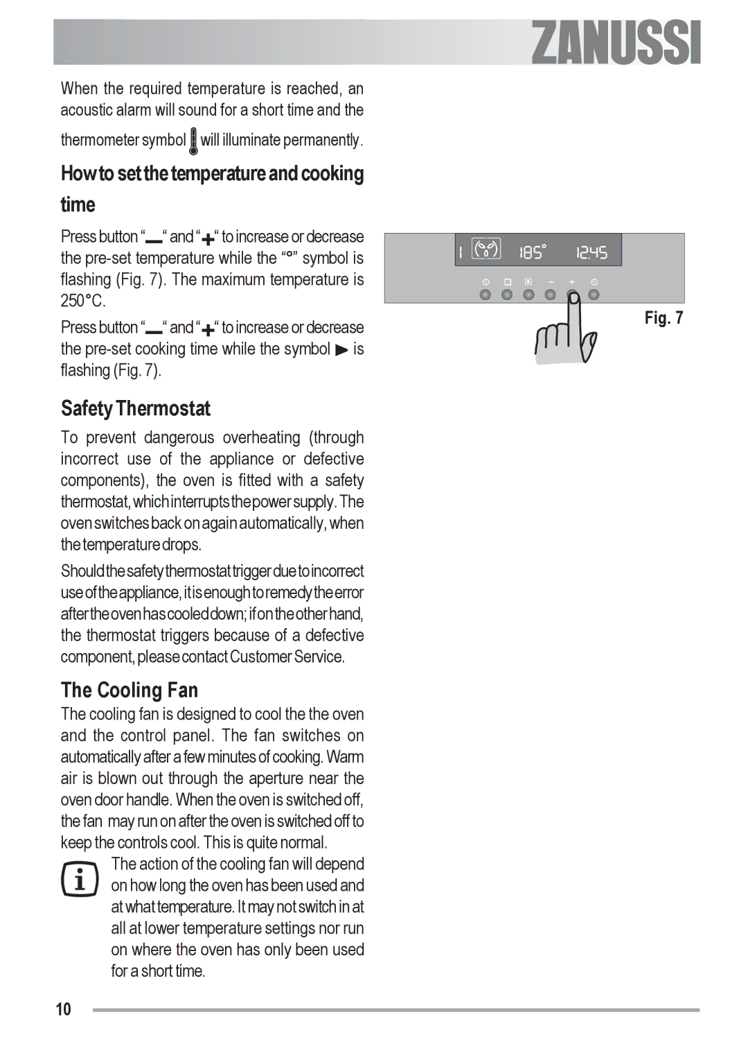 Zanussi ZOB 691 manual How to set the temperature and cooking time, Safety Thermostat, Cooling Fan 