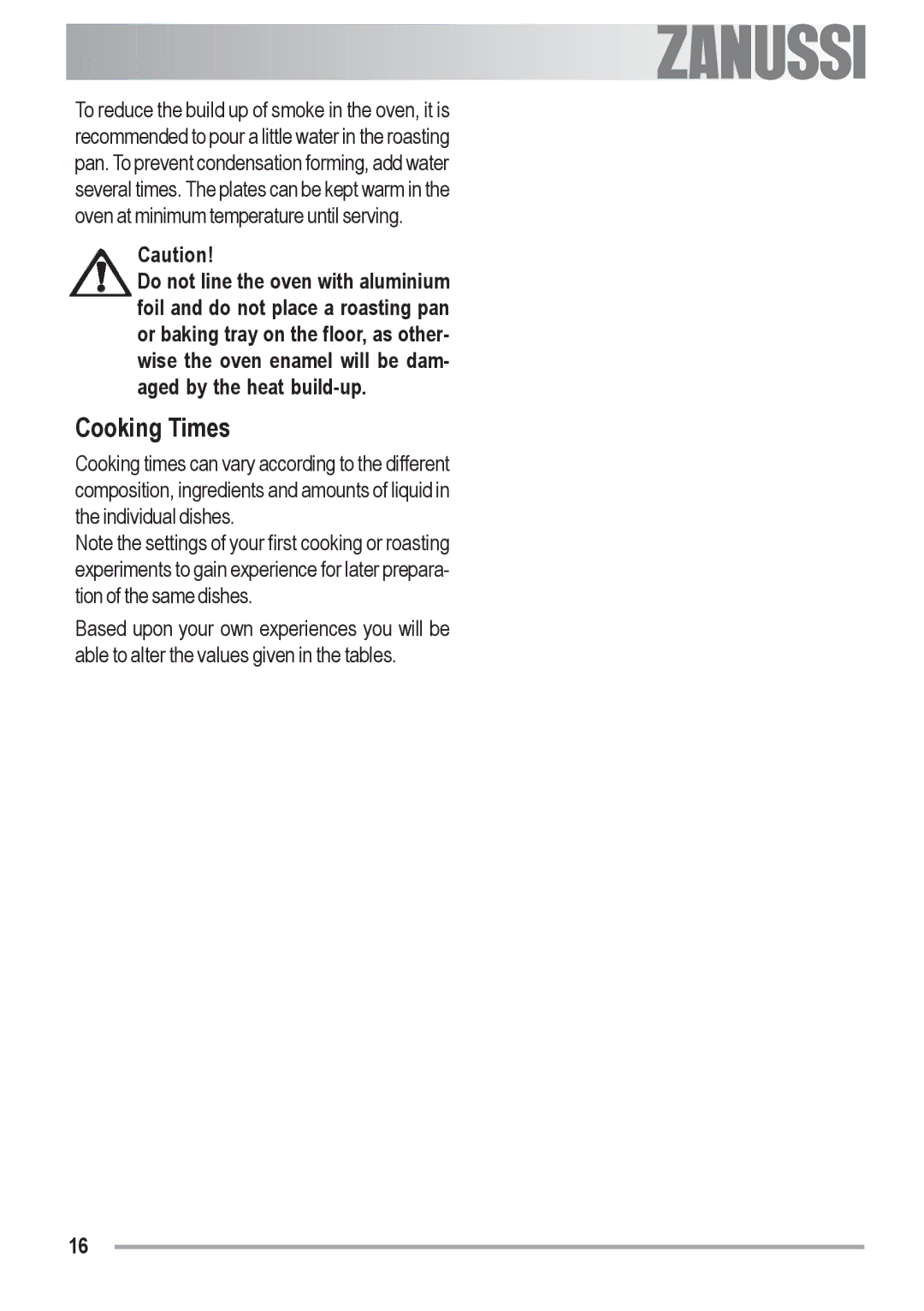 Zanussi ZOB 691 manual Cooking Times 