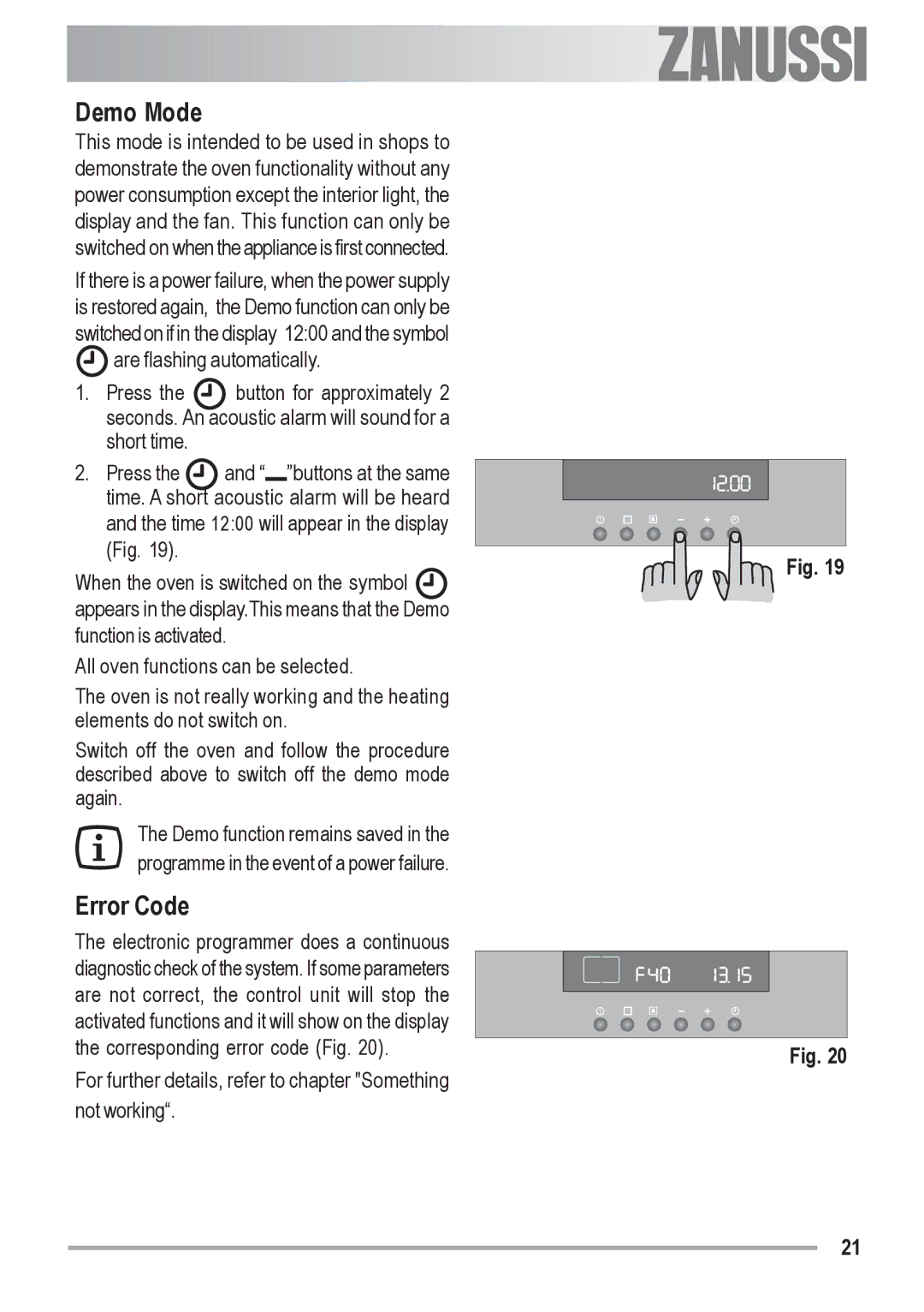 Zanussi ZOB 691 manual Demo Mode, Error Code 