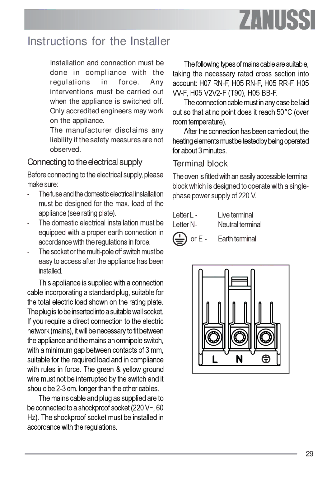 Zanussi ZOB 691 manual Instructions for the Installer, Connecting to the electrical supply, Terminal block 