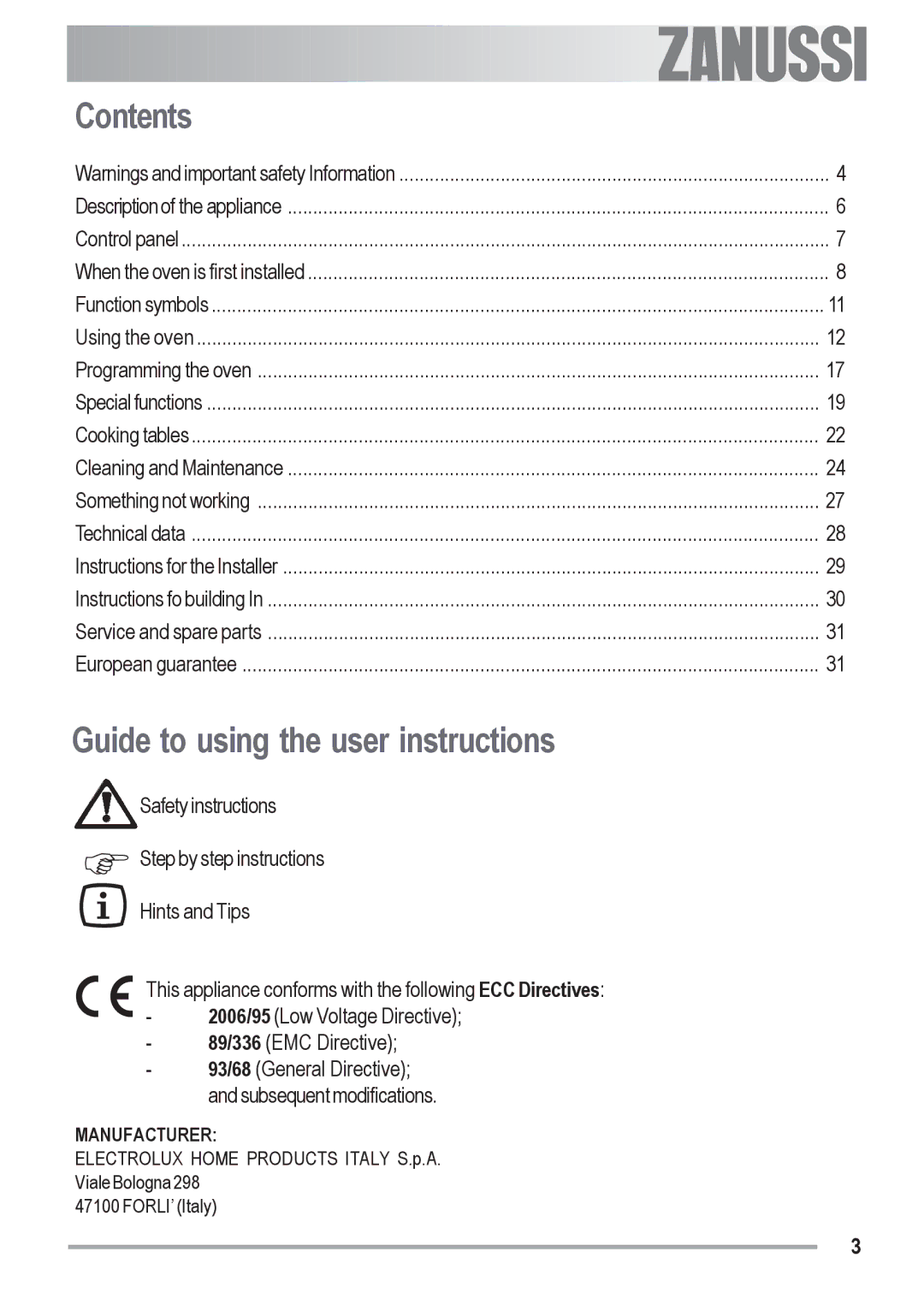 Zanussi ZOB 691 manual Contents, Guide to using the user instructions 